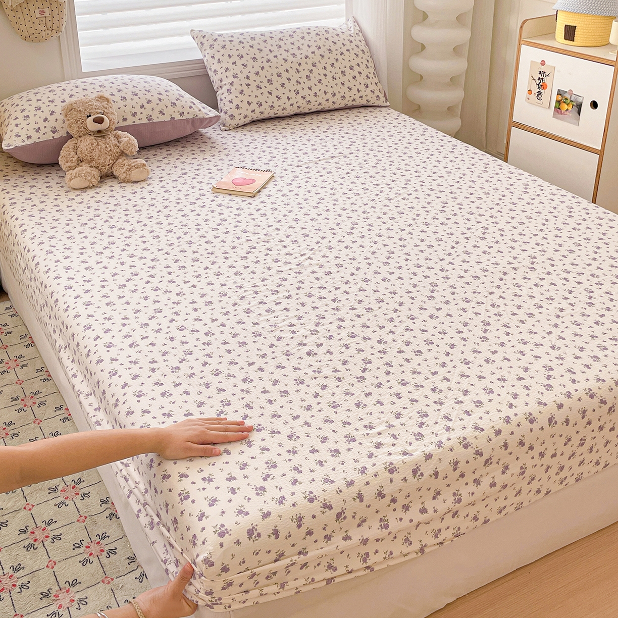 91家纺网 家纺一手货源 找家纺 立森 2026春夏新款云感皱皱纱泡芙纱床笠单枕套系列-叠拍图 紫色风信