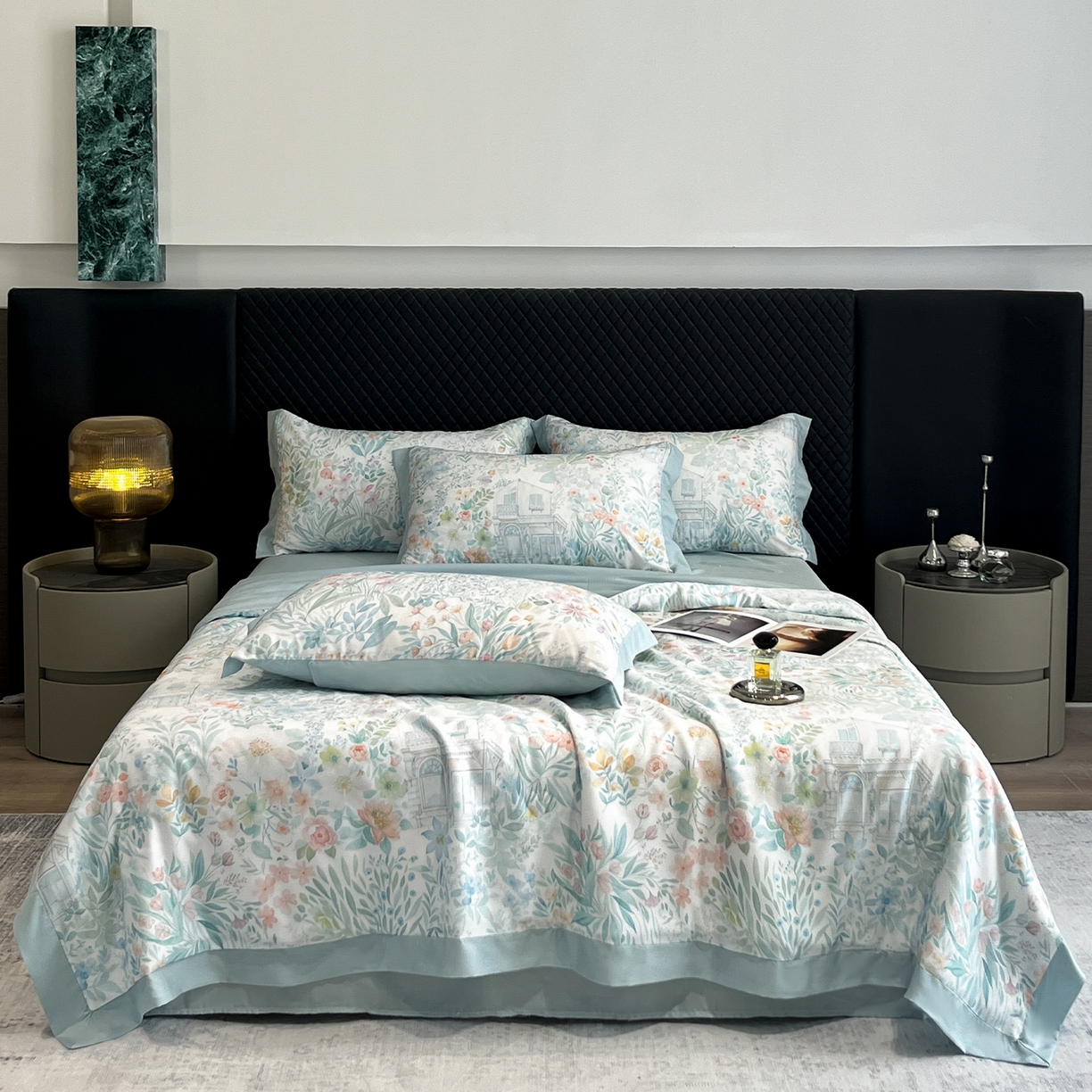 91家纺网 家纺一手货源 找家纺 迷尚家居 2026新款夏被100%莱赛尔数码印花夏被四件套50支天丝夏被 森漫屿-夏被款