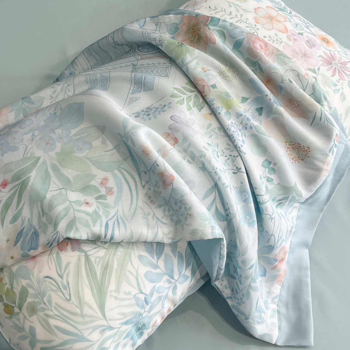 91家纺网 家纺一手货源 找家纺 迷尚家居 2026新款夏被100%莱赛尔数码印花夏被四件套50支天丝夏被 森漫屿-夏被款