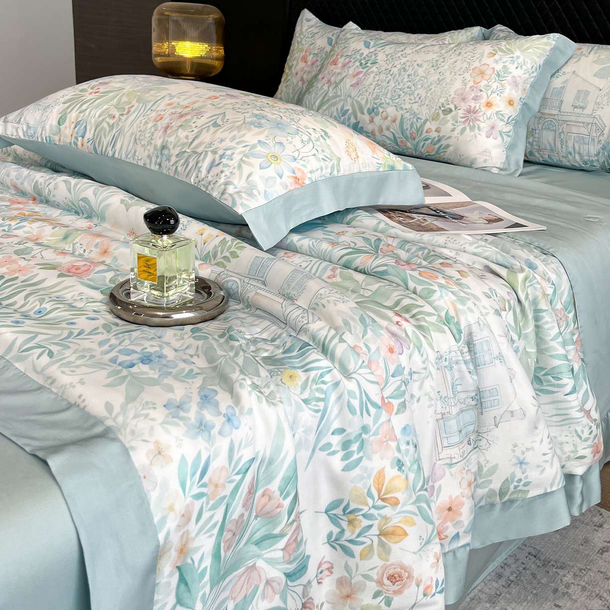 91家纺网 家纺一手货源 找家纺 迷尚家居 2026新款夏被100%莱赛尔数码印花夏被四件套50支天丝夏被 森漫屿-夏被款