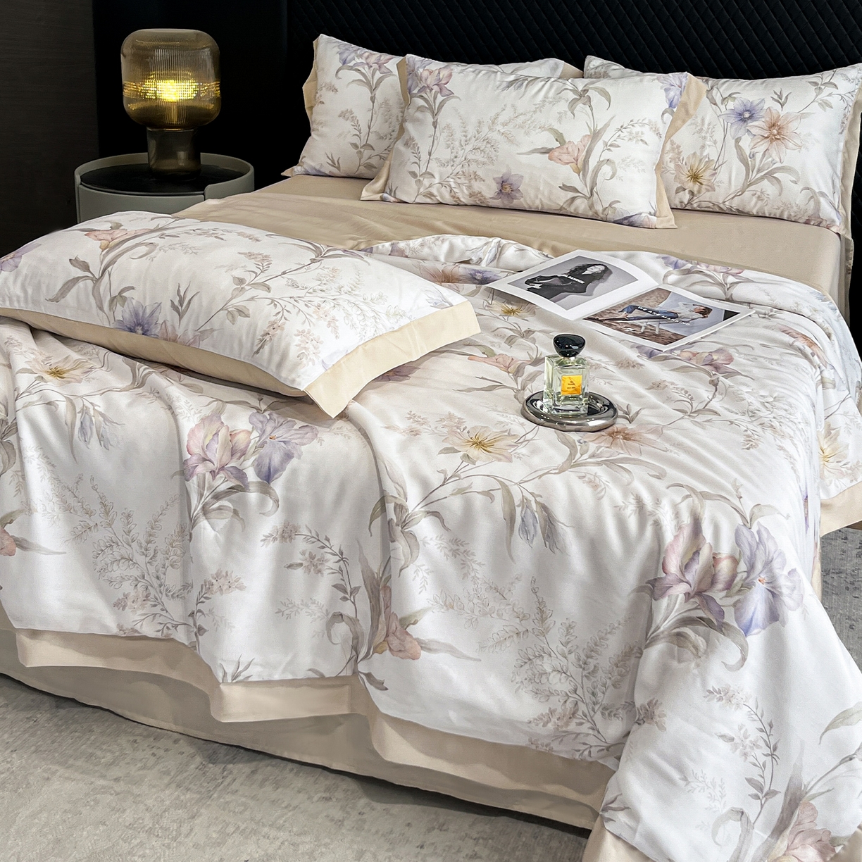 91家纺网 家纺一手货源 找家纺 迷尚家居 2026新款夏被100%莱赛尔数码印花夏被四件套50支天丝夏被 愈沐调-夏被款