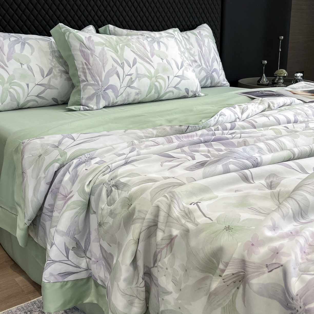 91家纺网 家纺一手货源 找家纺 迷尚家居 2026新款夏被100%莱赛尔数码印花夏被四件套50支天丝夏被 自然低语绿-夏被款