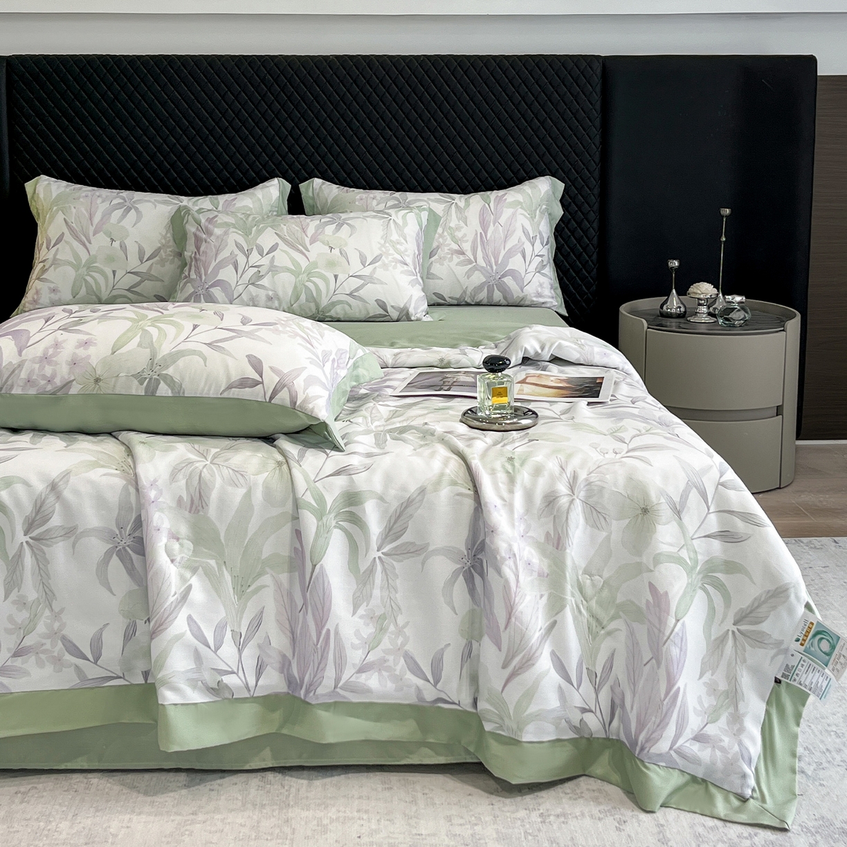 91家纺网 家纺一手货源 找家纺 迷尚家居 2026新款夏被100%莱赛尔数码印花夏被四件套50支天丝夏被 自然低语绿-夏被款