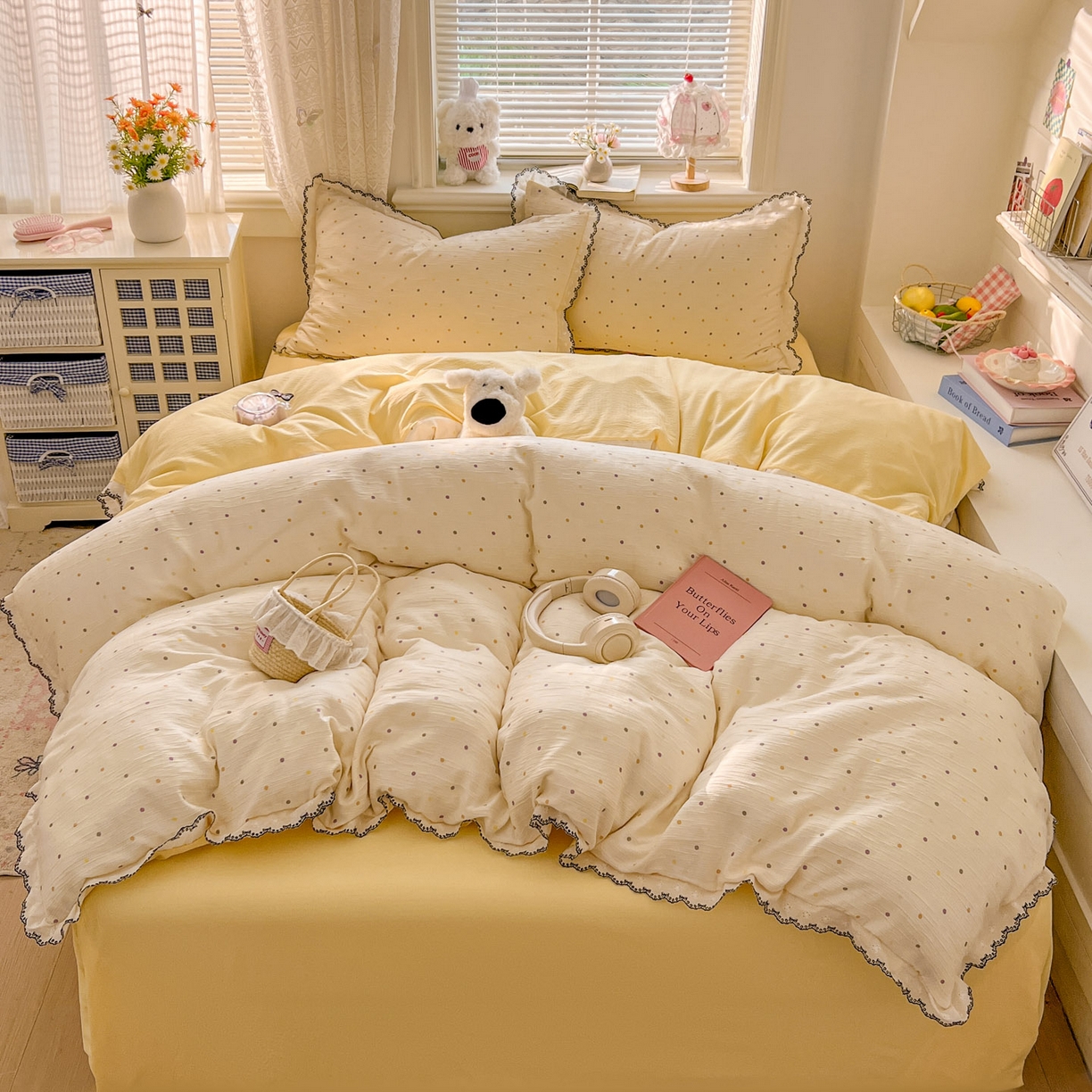 91家纺网 家纺一手货源 找家纺 晚爱家纺（原晚安家居） 2026新款蕾丝刺绣花边韩版少女公主风三层纱四件套 彩波波