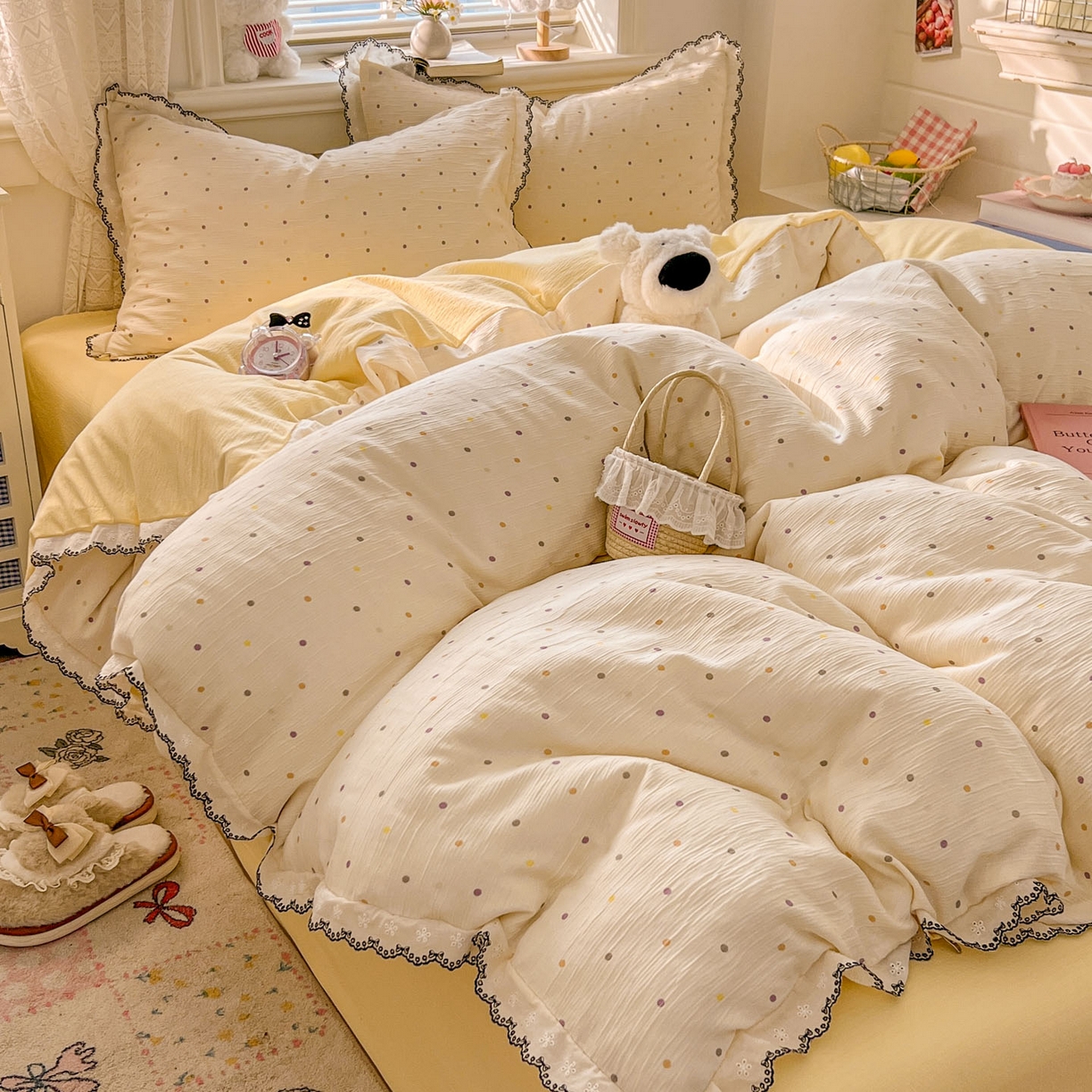 91家纺网 家纺一手货源 找家纺 晚爱家纺（原晚安家居） 2026新款蕾丝刺绣花边韩版少女公主风三层纱四件套 彩波波