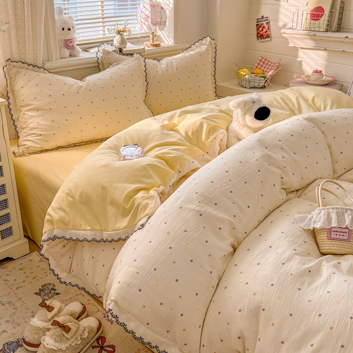 91家纺网 家纺一手货源 找家纺 晚爱家纺（原晚安家居） 2026新款蕾丝刺绣花边韩版少女公主风三层纱四件套 彩波波