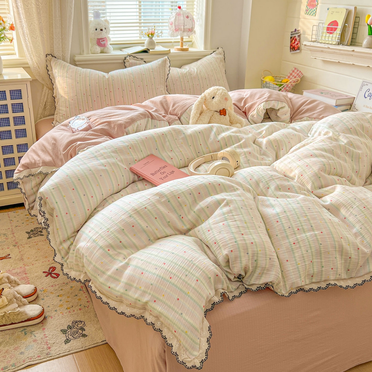 91家纺网 家纺一手货源 找家纺 晚爱家纺（原晚安家居） 2026新款蕾丝刺绣花边韩版少女公主风三层纱四件套 彩虹世界