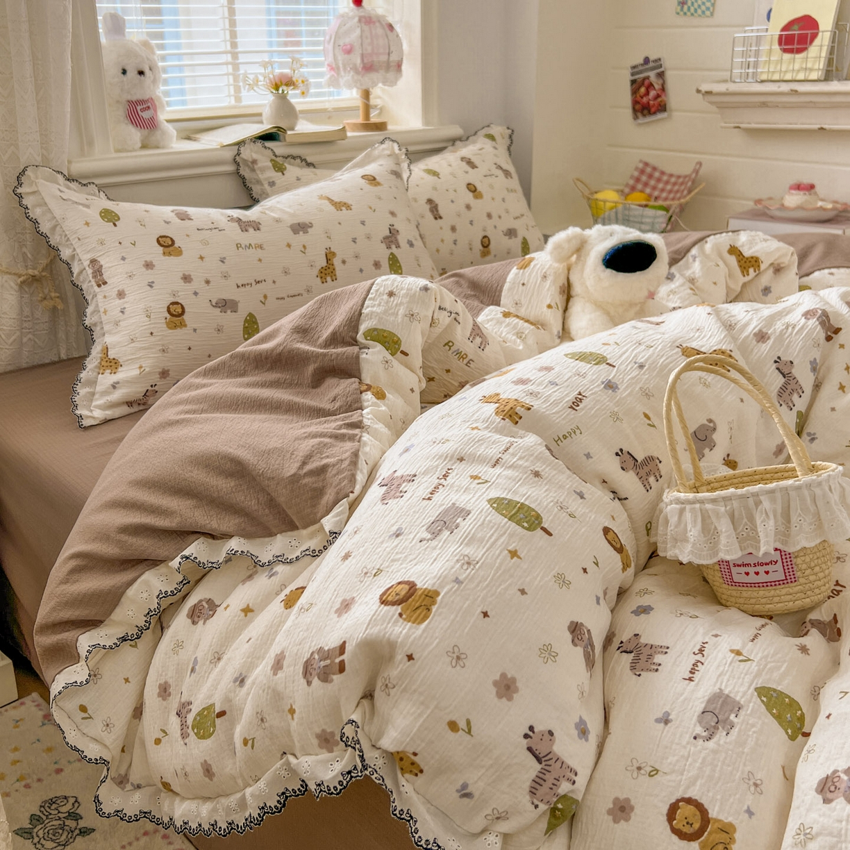 91家纺网 家纺一手货源 找家纺 晚爱家纺（原晚安家居） 2026新款蕾丝刺绣花边韩版少女公主风三层纱四件套 动物团团