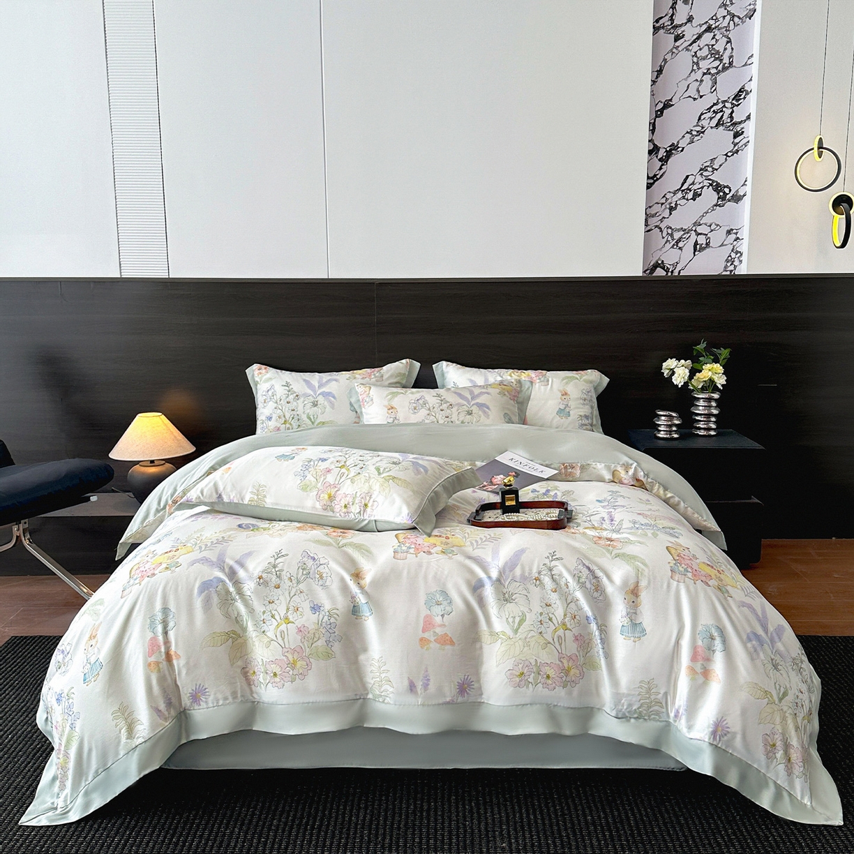 91家纺网 家纺一手货源 找家纺 迷尚家居 2025新款100%莱赛尔数码印花四件套 林间兔-被套款