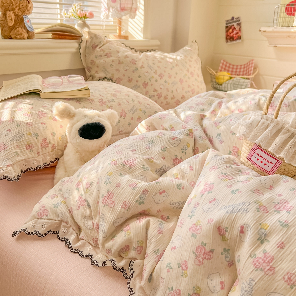 91家纺网 家纺一手货源 找家纺 晚爱家纺（原晚安家居） 2026新款蕾丝刺绣花边韩版少女公主风三层纱四件套 花丛点点猫