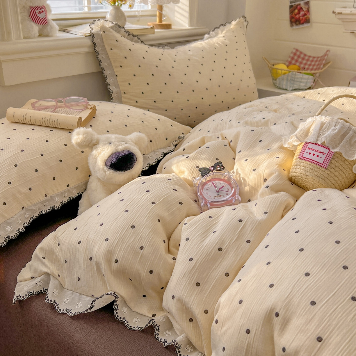 91家纺网 家纺一手货源 找家纺 晚爱家纺（原晚安家居） 2026新款蕾丝刺绣花边韩版少女公主风三层纱四件套 小黑豆