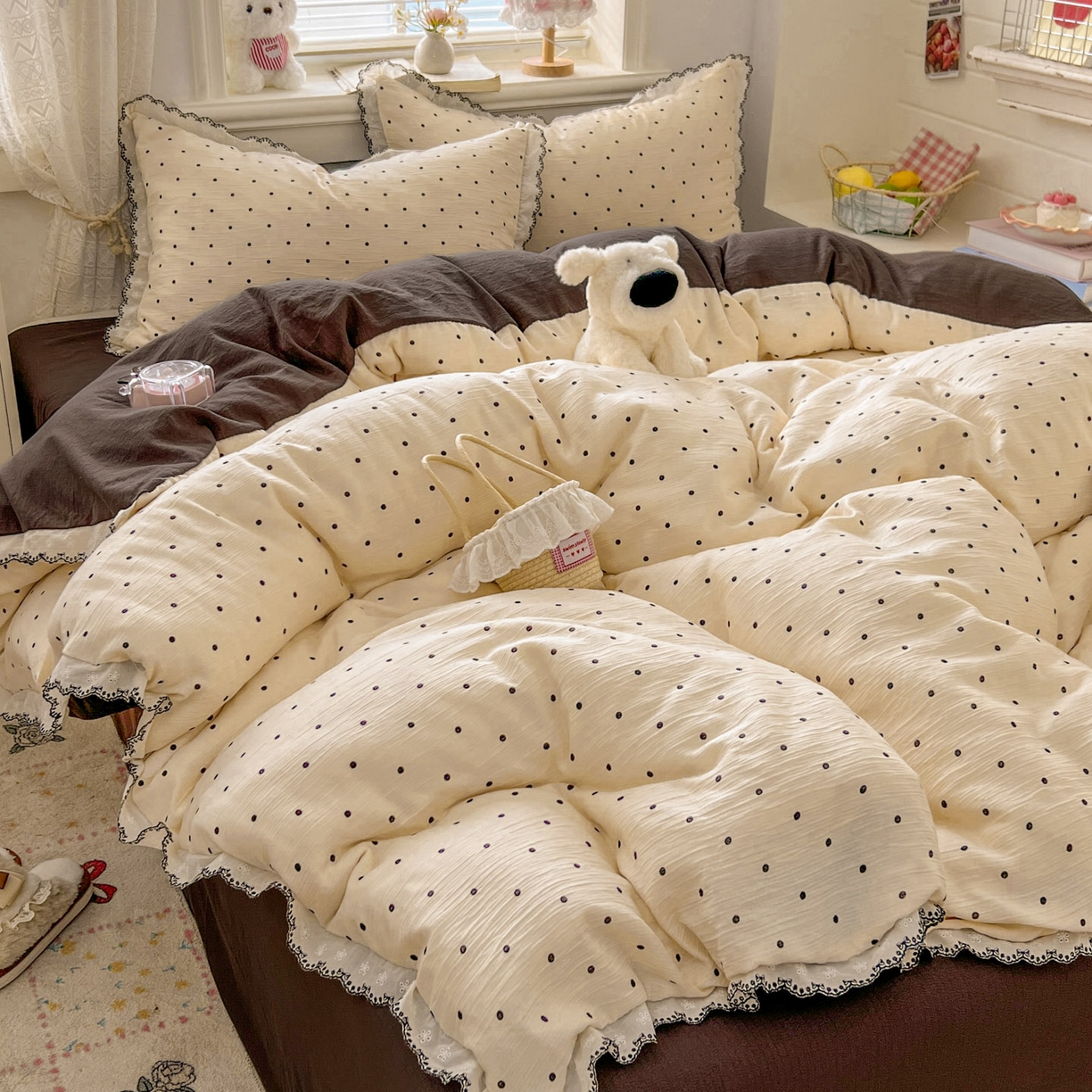 91家纺网 家纺一手货源 找家纺 晚爱家纺（原晚安家居） 2026新款蕾丝刺绣花边韩版少女公主风三层纱四件套 小黑豆