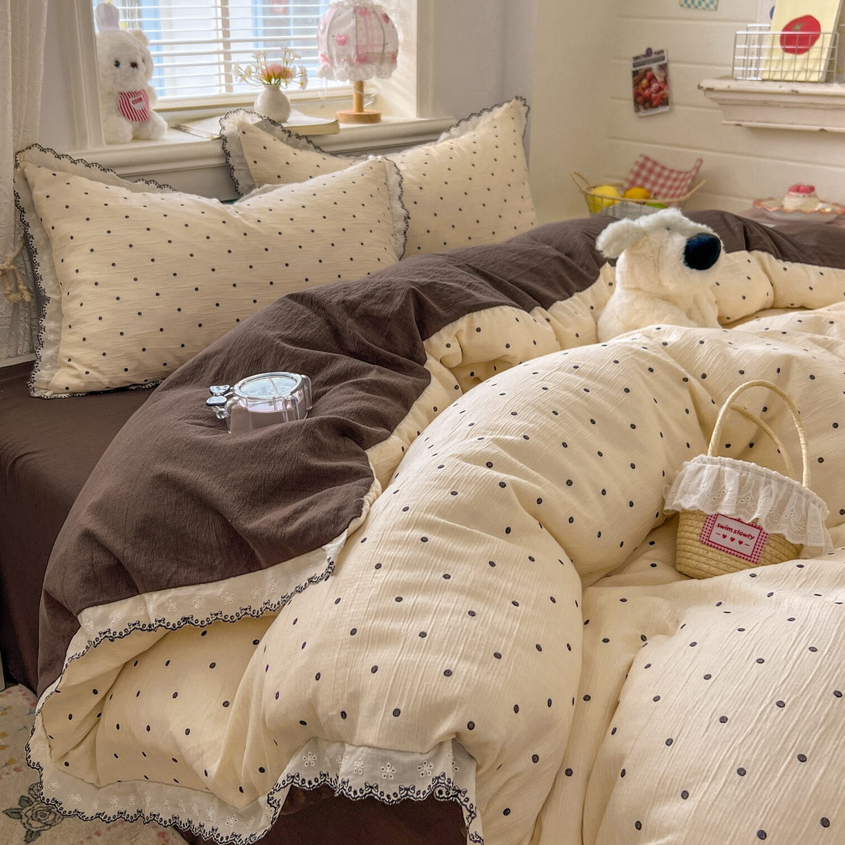 91家纺网 家纺一手货源 找家纺 晚爱家纺（原晚安家居） 2026新款蕾丝刺绣花边韩版少女公主风三层纱四件套 小黑豆