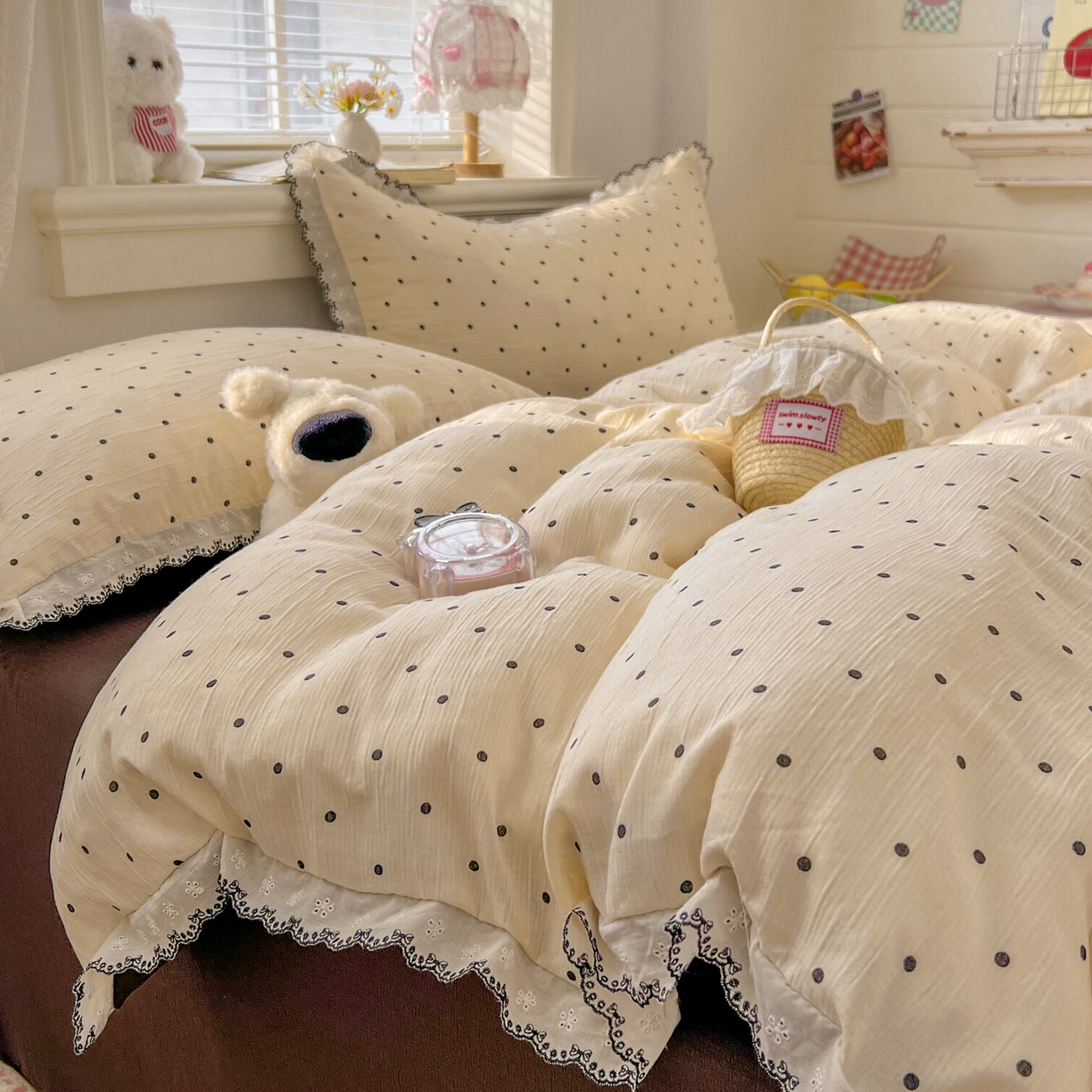 91家纺网 家纺一手货源 找家纺 晚爱家纺（原晚安家居） 2026新款蕾丝刺绣花边韩版少女公主风三层纱四件套 小黑豆