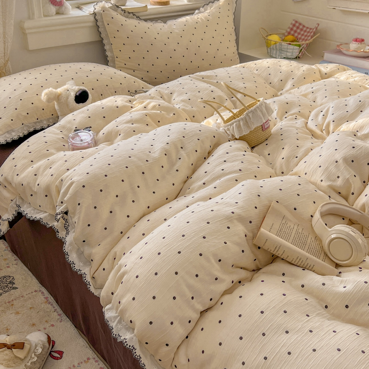 91家纺网 家纺一手货源 找家纺 晚爱家纺（原晚安家居） 2026新款蕾丝刺绣花边韩版少女公主风三层纱四件套 小黑豆