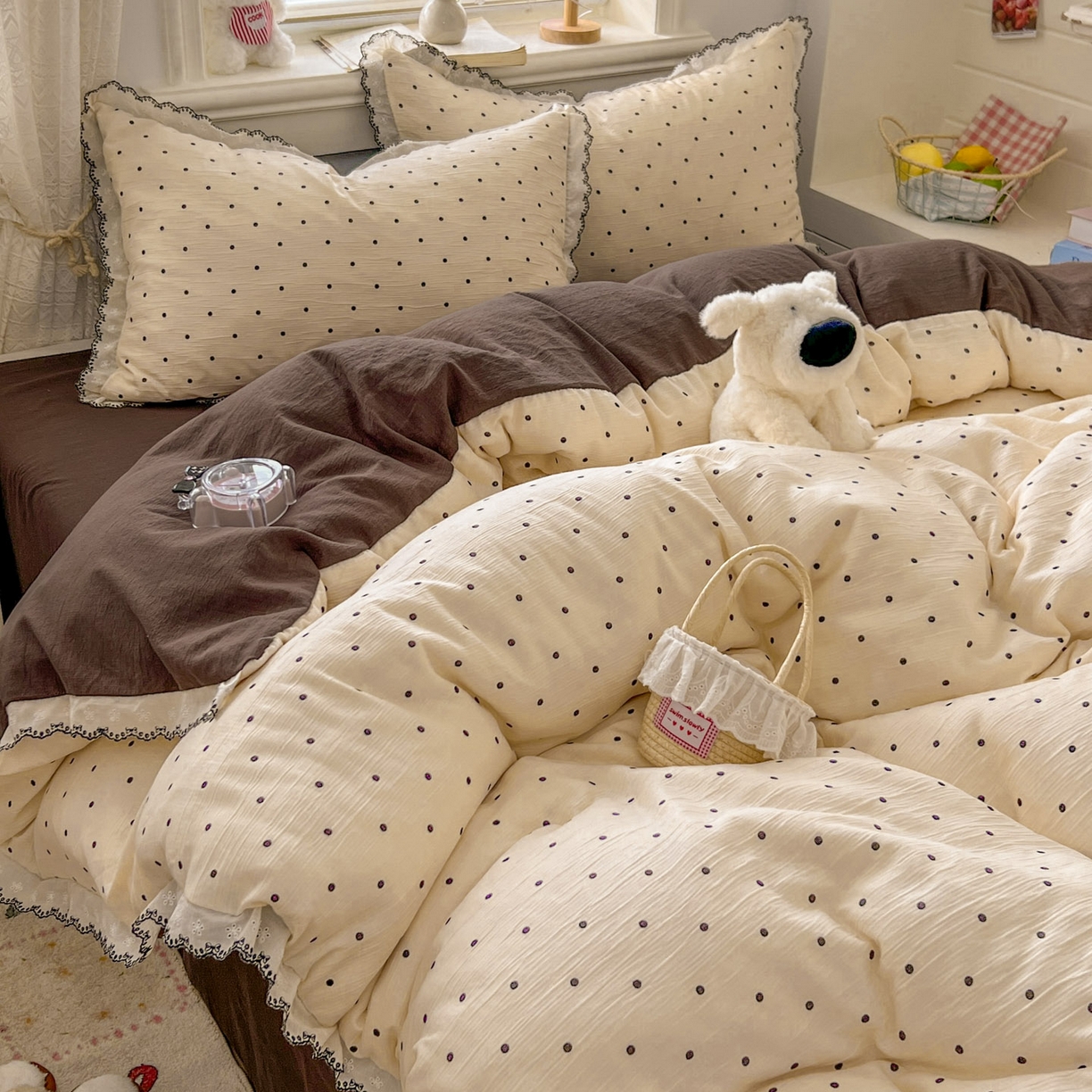 91家纺网 家纺一手货源 找家纺 晚爱家纺（原晚安家居） 2026新款蕾丝刺绣花边韩版少女公主风三层纱四件套 小黑豆