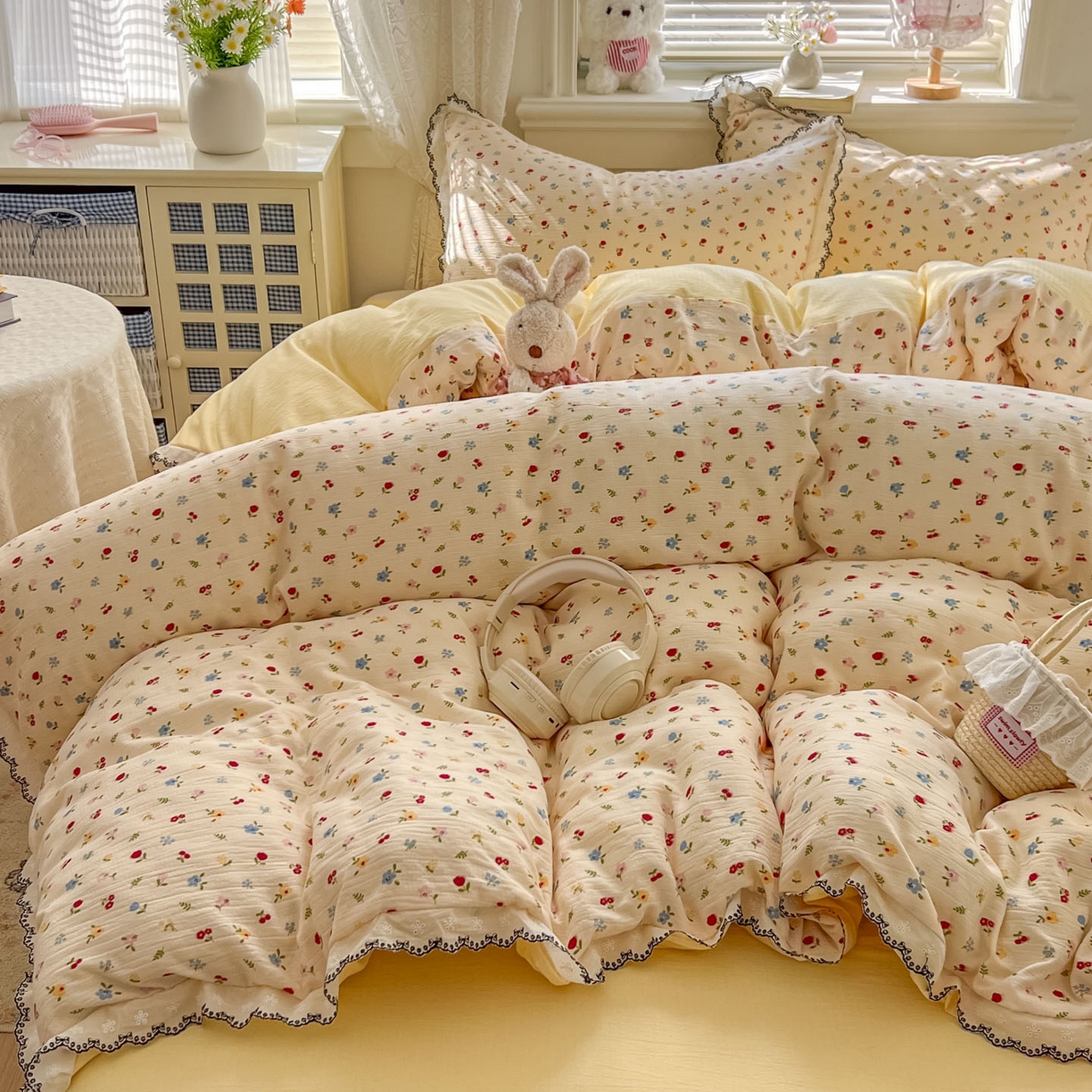 91家纺网 家纺一手货源 找家纺 晚爱家纺（原晚安家居） 2026新款蕾丝刺绣花边韩版少女公主风三层纱四件套 小花点点