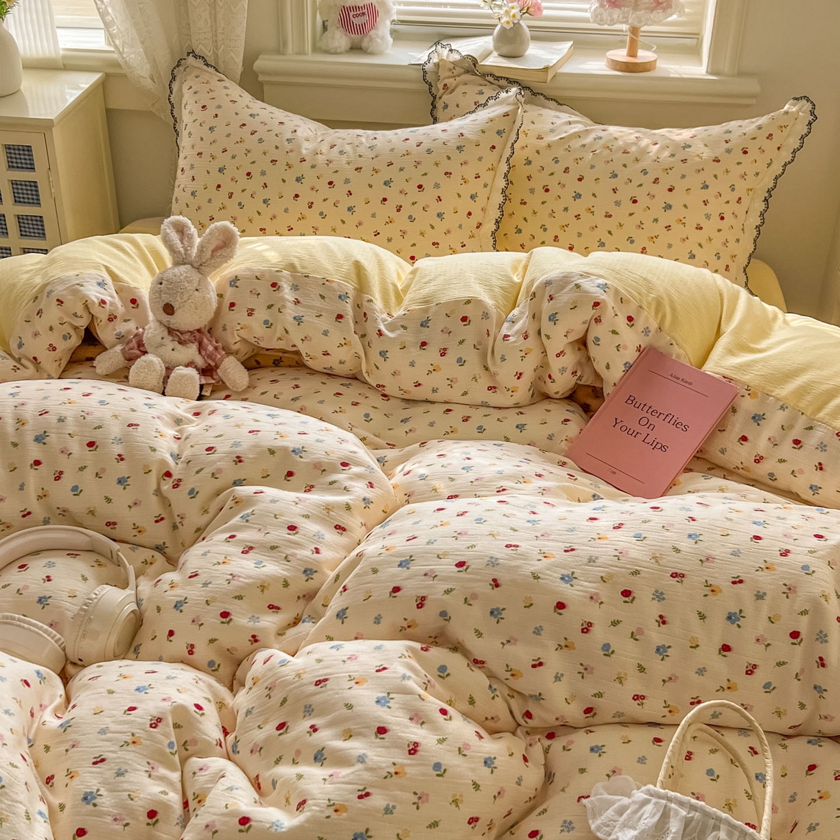 91家纺网 家纺一手货源 找家纺 晚爱家纺（原晚安家居） 2026新款蕾丝刺绣花边韩版少女公主风三层纱四件套 小花点点