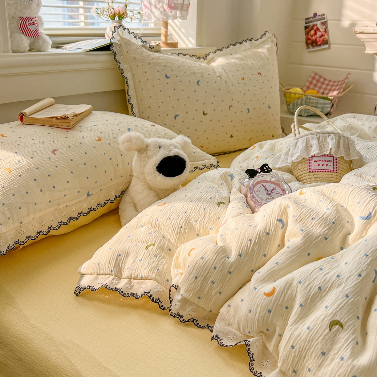 91家纺网 家纺一手货源 找家纺 晚爱家纺（原晚安家居） 2026新款蕾丝刺绣花边韩版少女公主风三层纱四件套 星月天空