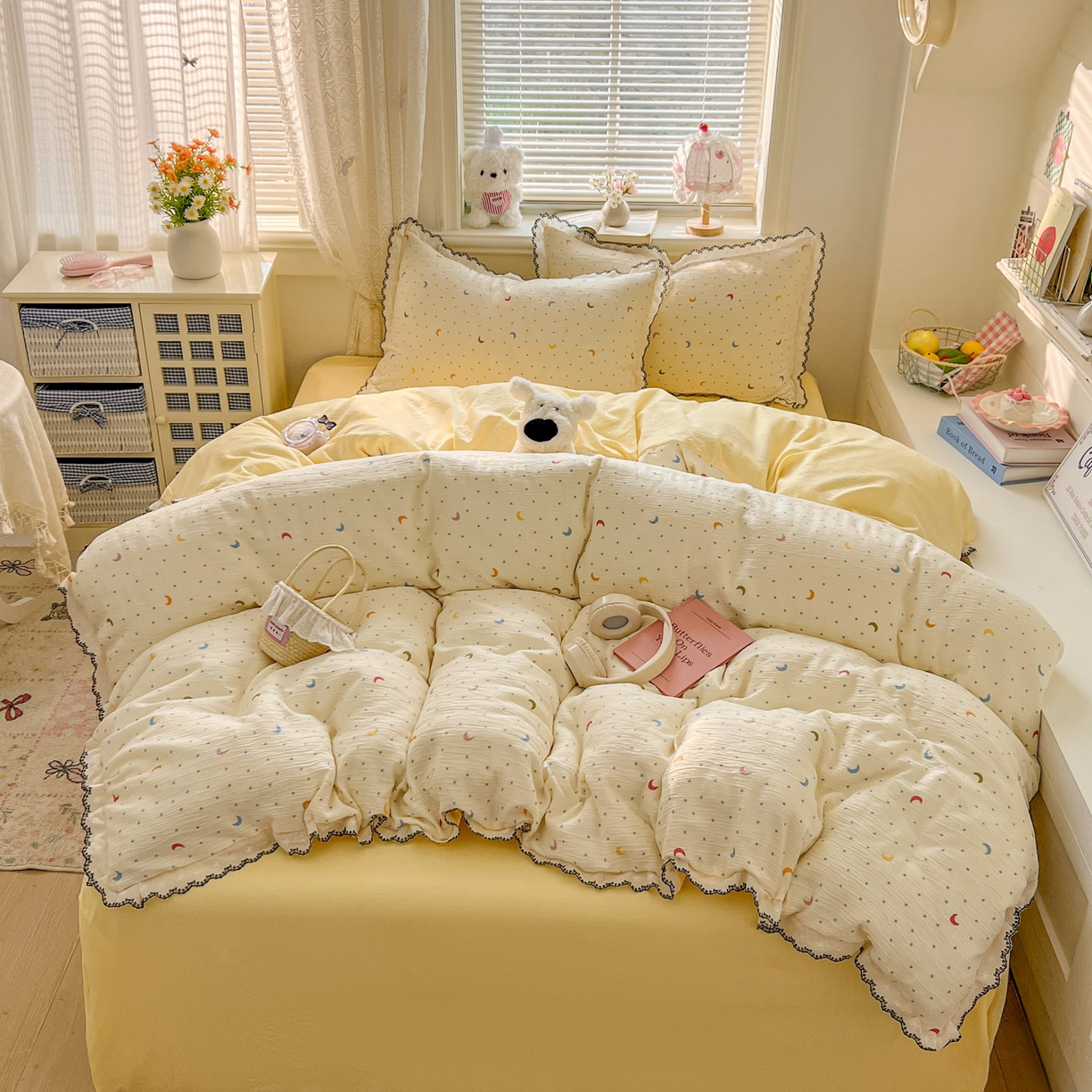 91家纺网 家纺一手货源 找家纺 晚爱家纺（原晚安家居） 2026新款蕾丝刺绣花边韩版少女公主风三层纱四件套 星月天空