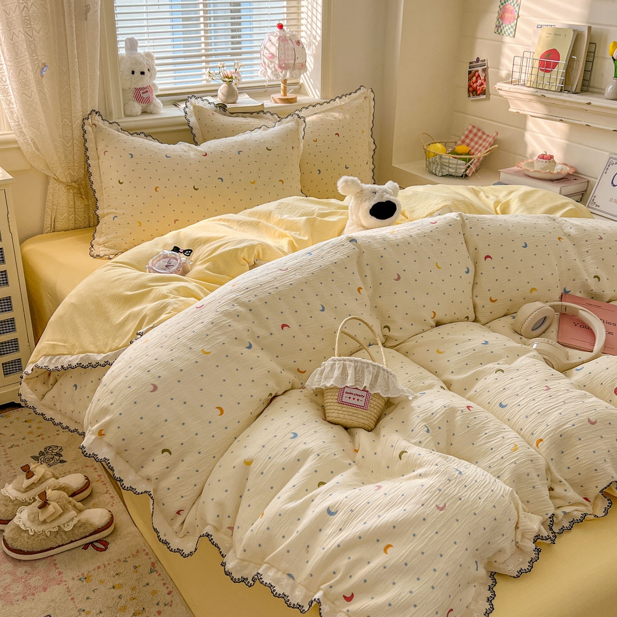 91家纺网 家纺一手货源 找家纺 晚爱家纺（原晚安家居） 2026新款蕾丝刺绣花边韩版少女公主风三层纱四件套 星月天空