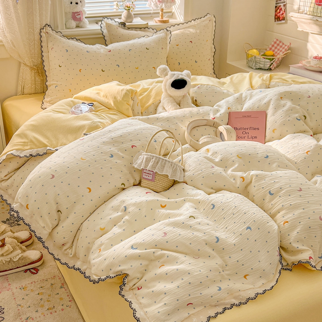 91家纺网 家纺一手货源 找家纺 晚爱家纺（原晚安家居） 2026新款蕾丝刺绣花边韩版少女公主风三层纱四件套 星月天空