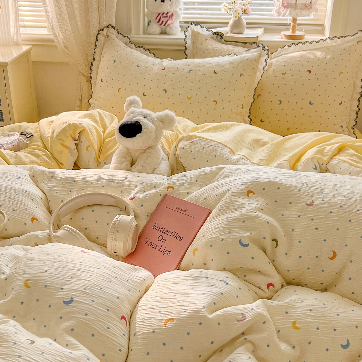 91家纺网 家纺一手货源 找家纺 晚爱家纺（原晚安家居） 2026新款蕾丝刺绣花边韩版少女公主风三层纱四件套 星月天空