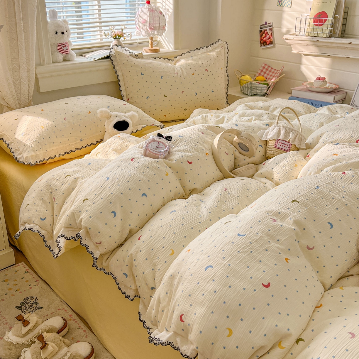 91家纺网 家纺一手货源 找家纺 晚爱家纺（原晚安家居） 2026新款蕾丝刺绣花边韩版少女公主风三层纱四件套 星月天空