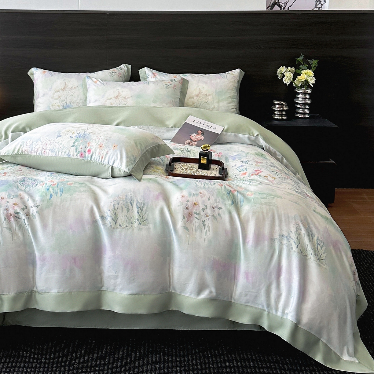 91家纺网 家纺一手货源 找家纺 迷尚家居 2026新款100%莱赛尔数码印花四件套 春野序绿-被套款