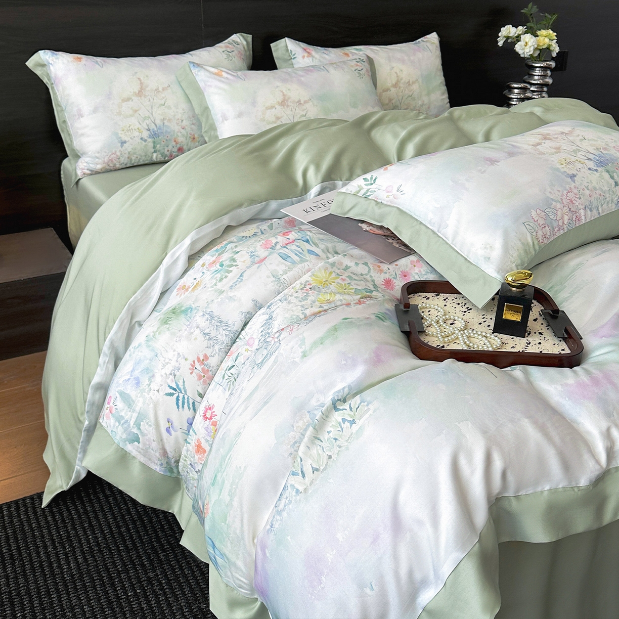 91家纺网 家纺一手货源 找家纺 迷尚家居 2026新款100%莱赛尔数码印花四件套 春野序绿-被套款