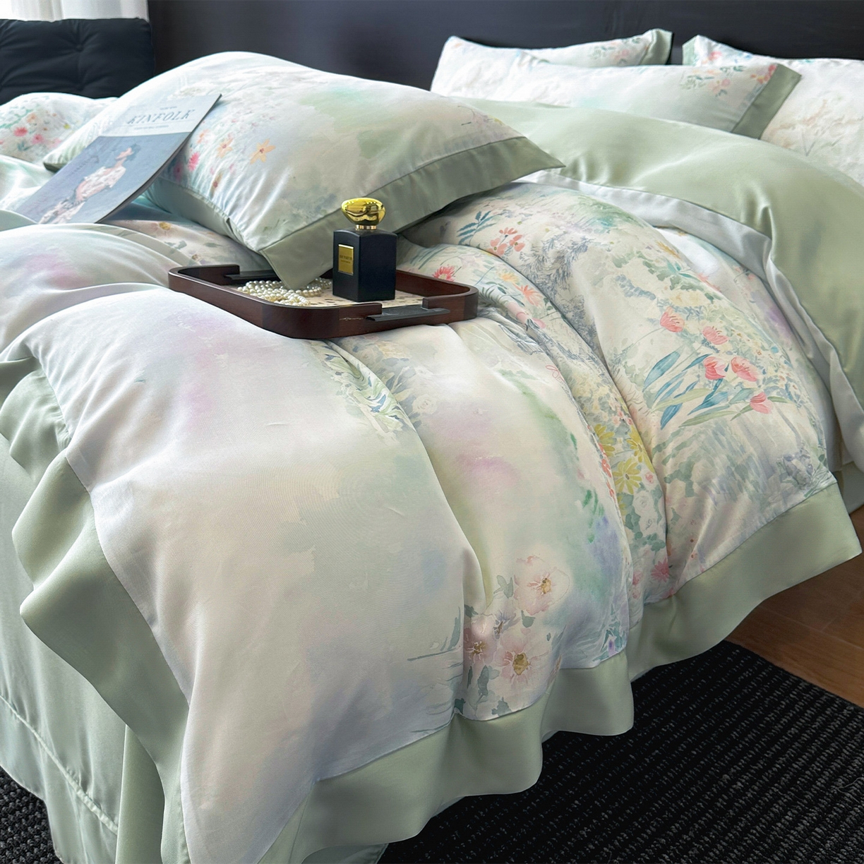 91家纺网 家纺一手货源 找家纺 迷尚家居 2026新款100%莱赛尔数码印花四件套 春野序绿-被套款