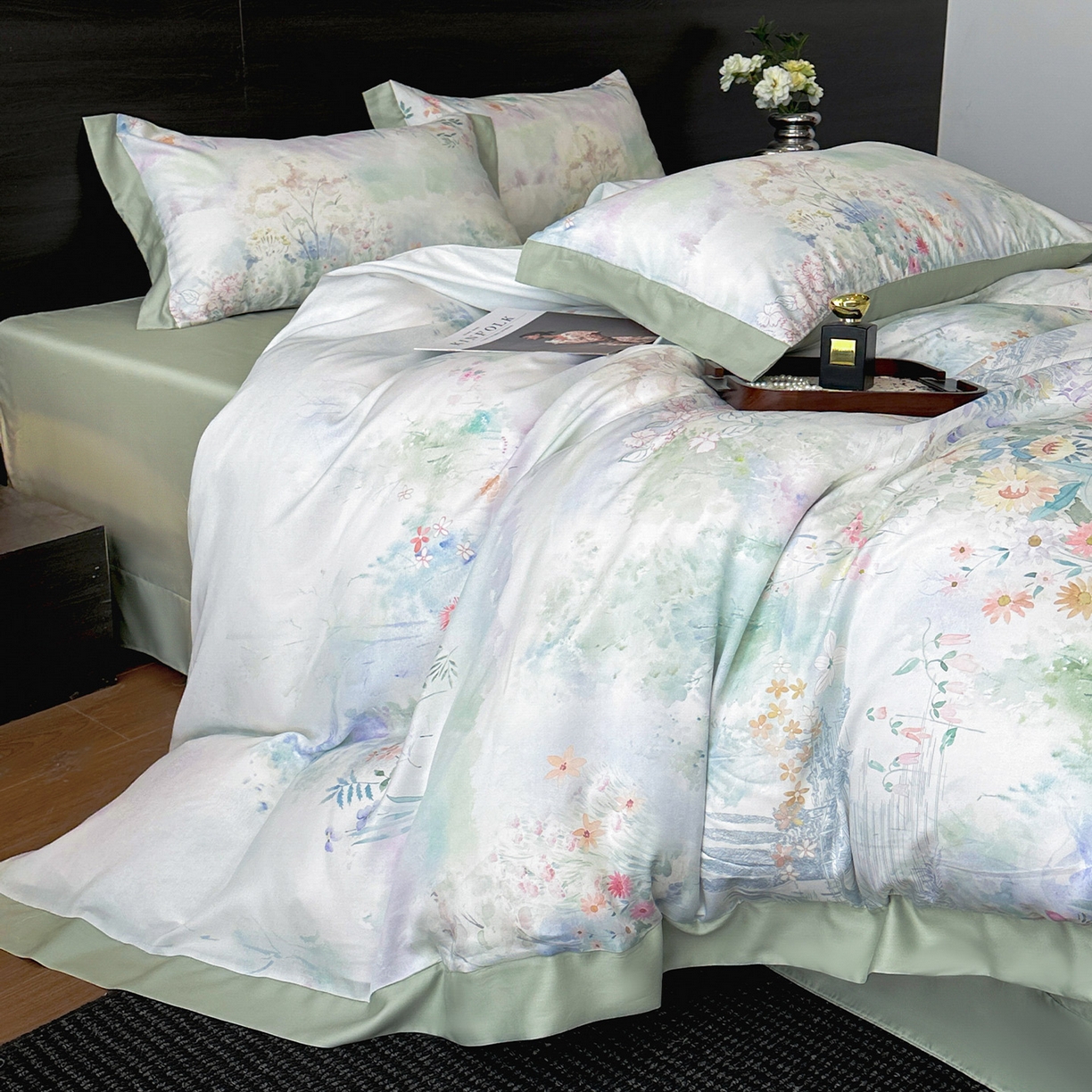 91家纺网 家纺一手货源 找家纺 迷尚家居 2026新款100%莱赛尔数码印花四件套 春野序绿-被套款