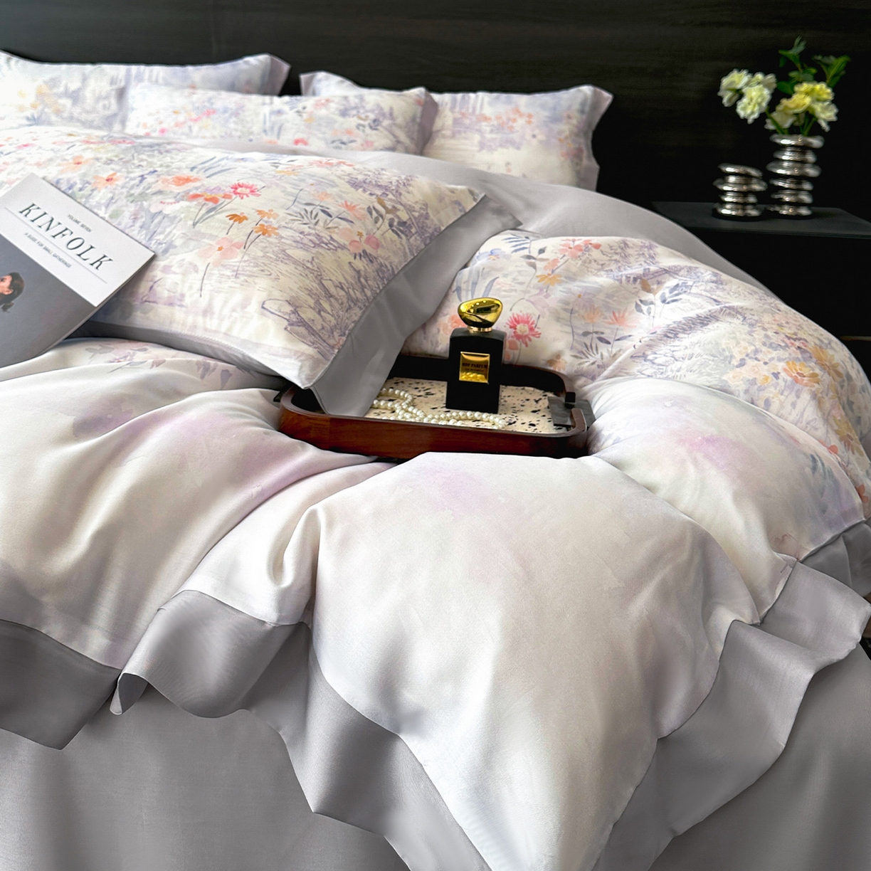 91家纺网 家纺一手货源 找家纺 迷尚家居 2026新款100%莱赛尔数码印花四件套 春野序紫-被套款