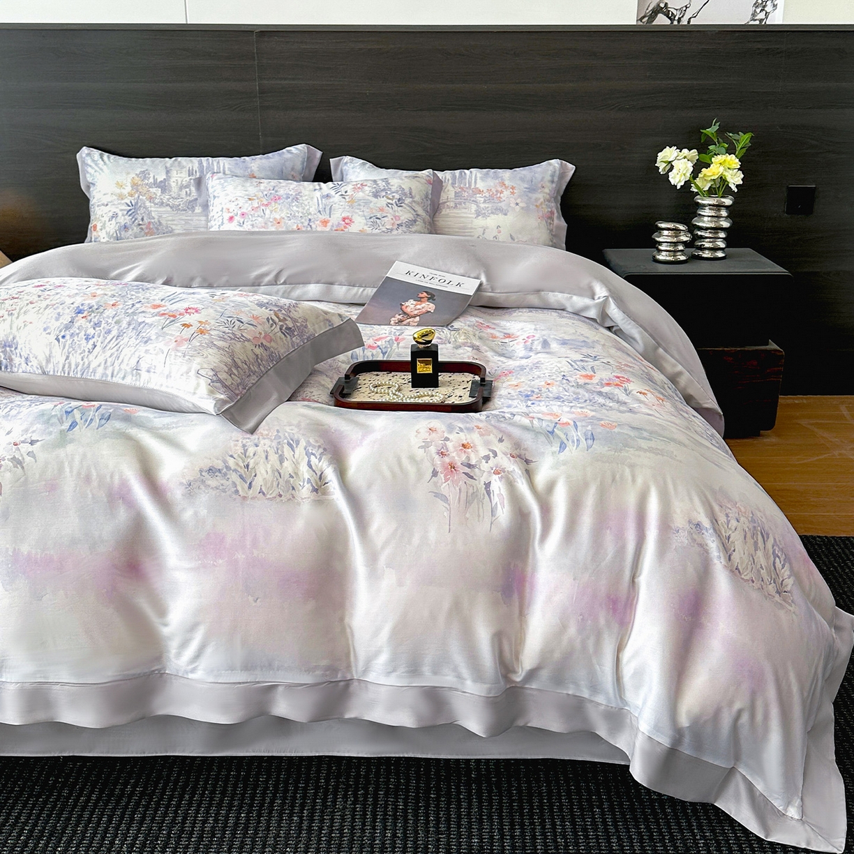 91家纺网 家纺一手货源 找家纺 迷尚家居 2026新款100%莱赛尔数码印花四件套 春野序紫-被套款