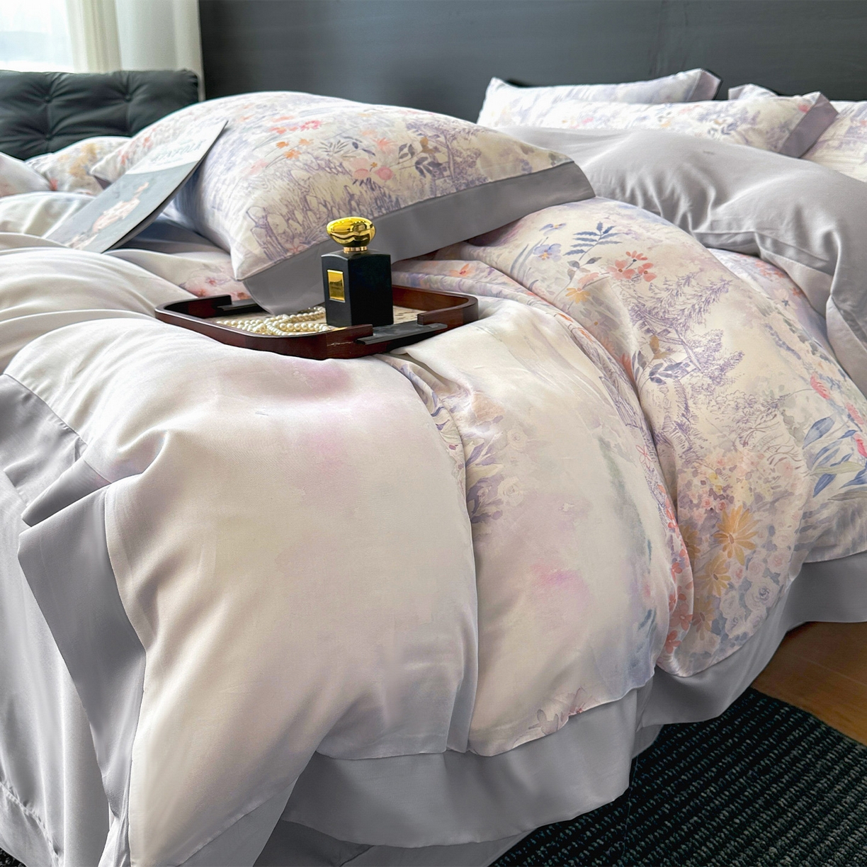 91家纺网 家纺一手货源 找家纺 迷尚家居 2026新款100%莱赛尔数码印花四件套 春野序紫-被套款