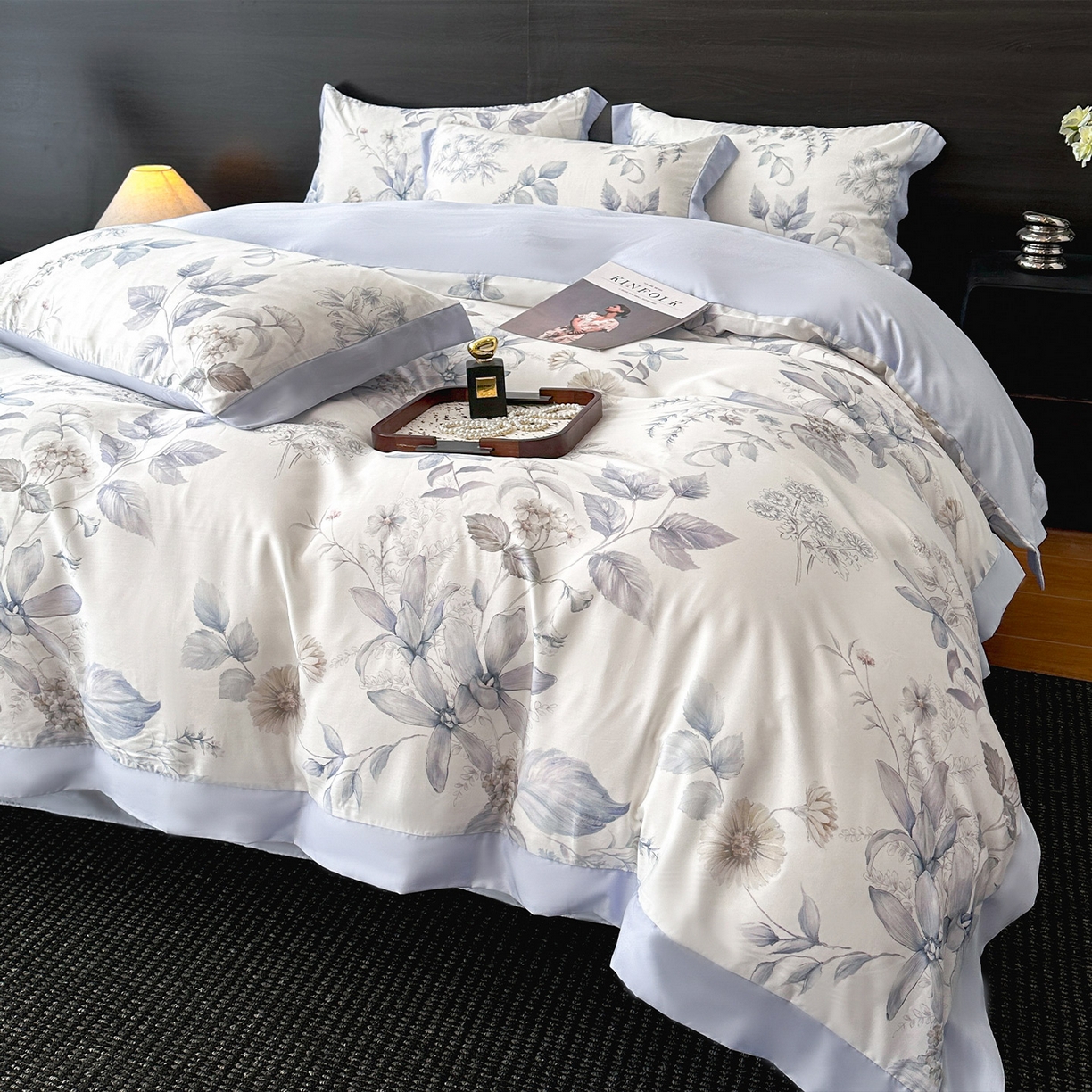 91家纺网 家纺一手货源 找家纺 迷尚家居 2026新款100%莱赛尔数码印花四件套 春溢然-被套款