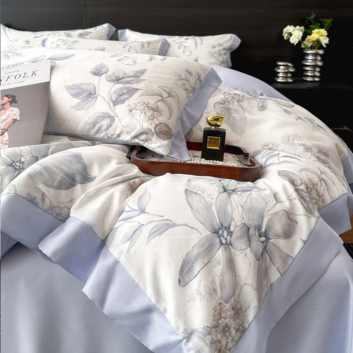 91家纺网 家纺一手货源 找家纺 迷尚家居 2026新款100%莱赛尔数码印花四件套 春溢然-被套款