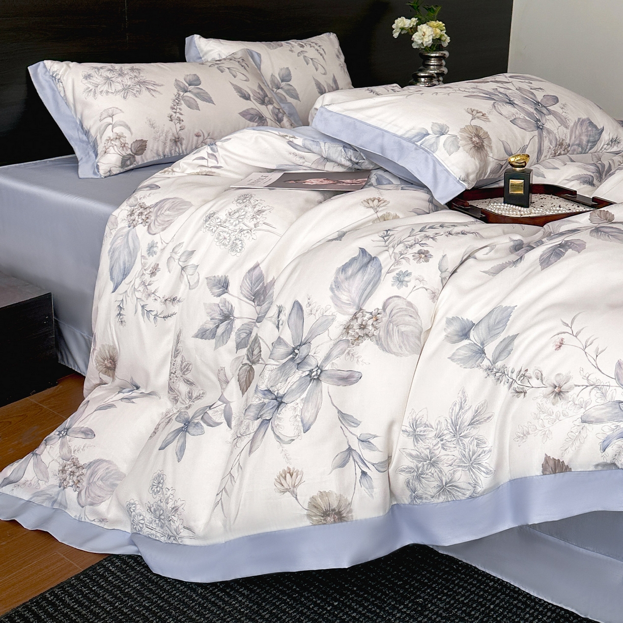 91家纺网 家纺一手货源 找家纺 迷尚家居 2026新款100%莱赛尔数码印花四件套 春溢然-被套款