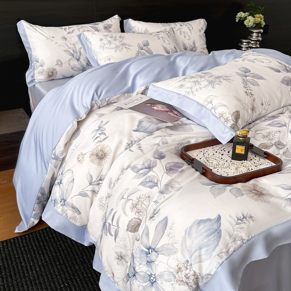 91家纺网 家纺一手货源 找家纺 迷尚家居 2026新款100%莱赛尔数码印花四件套 春溢然-被套款