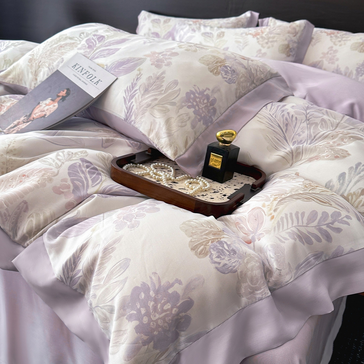 91家纺网 家纺一手货源 找家纺 迷尚家居 2026新款100%莱赛尔数码印花四件套 花朝拾露紫-被套款