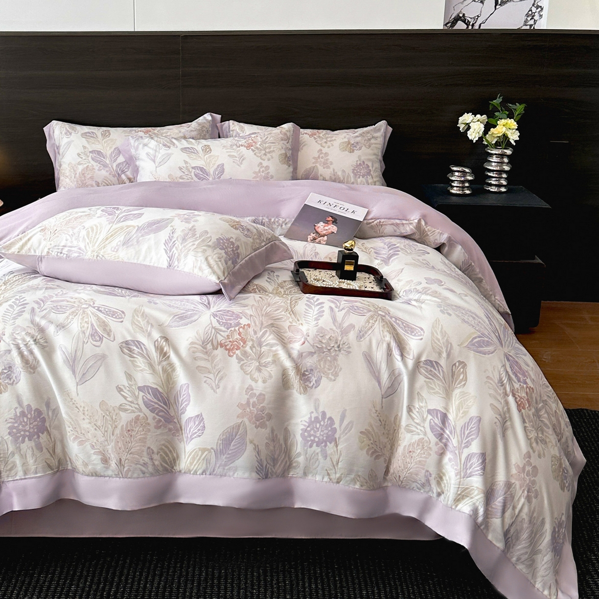 91家纺网 家纺一手货源 找家纺 迷尚家居 2026新款100%莱赛尔数码印花四件套 花朝拾露紫-被套款