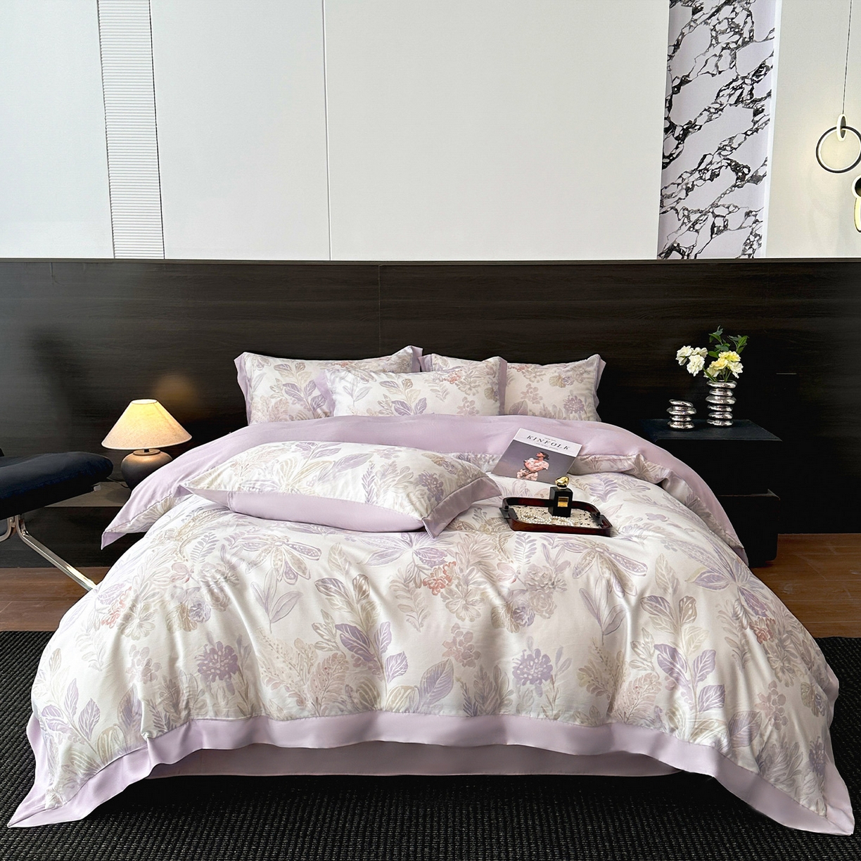 迷尚家居 2026新款100%莱赛尔数码印花四件套 花朝拾露紫-被套款