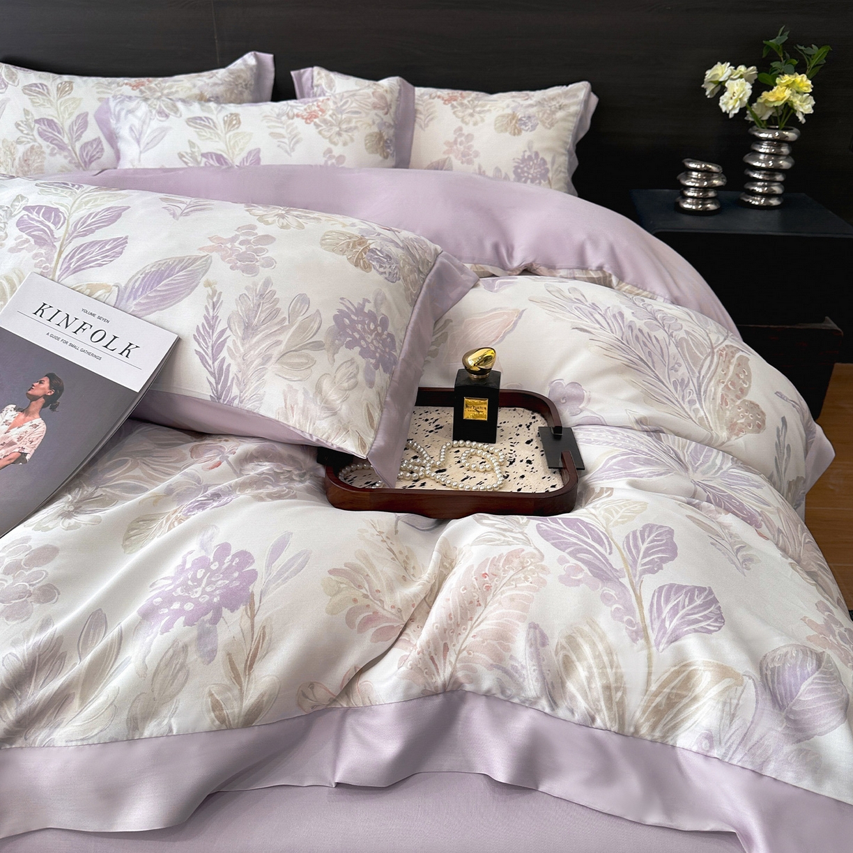 91家纺网 家纺一手货源 找家纺 迷尚家居 2026新款100%莱赛尔数码印花四件套 花朝拾露紫-被套款