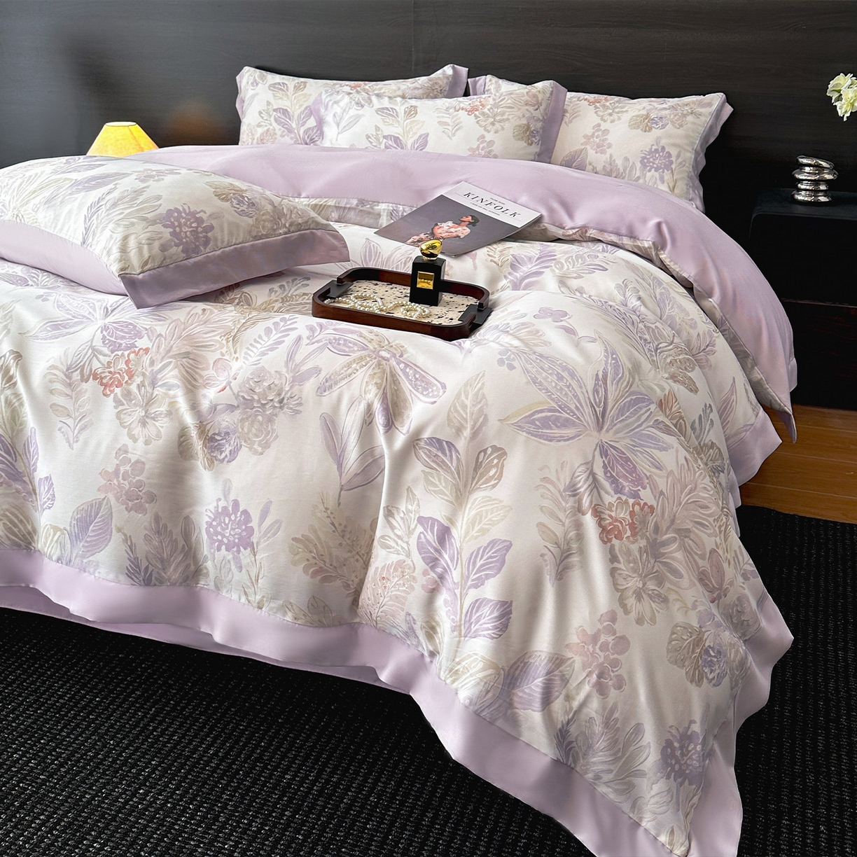91家纺网 家纺一手货源 找家纺 迷尚家居 2026新款100%莱赛尔数码印花四件套 花朝拾露紫-被套款
