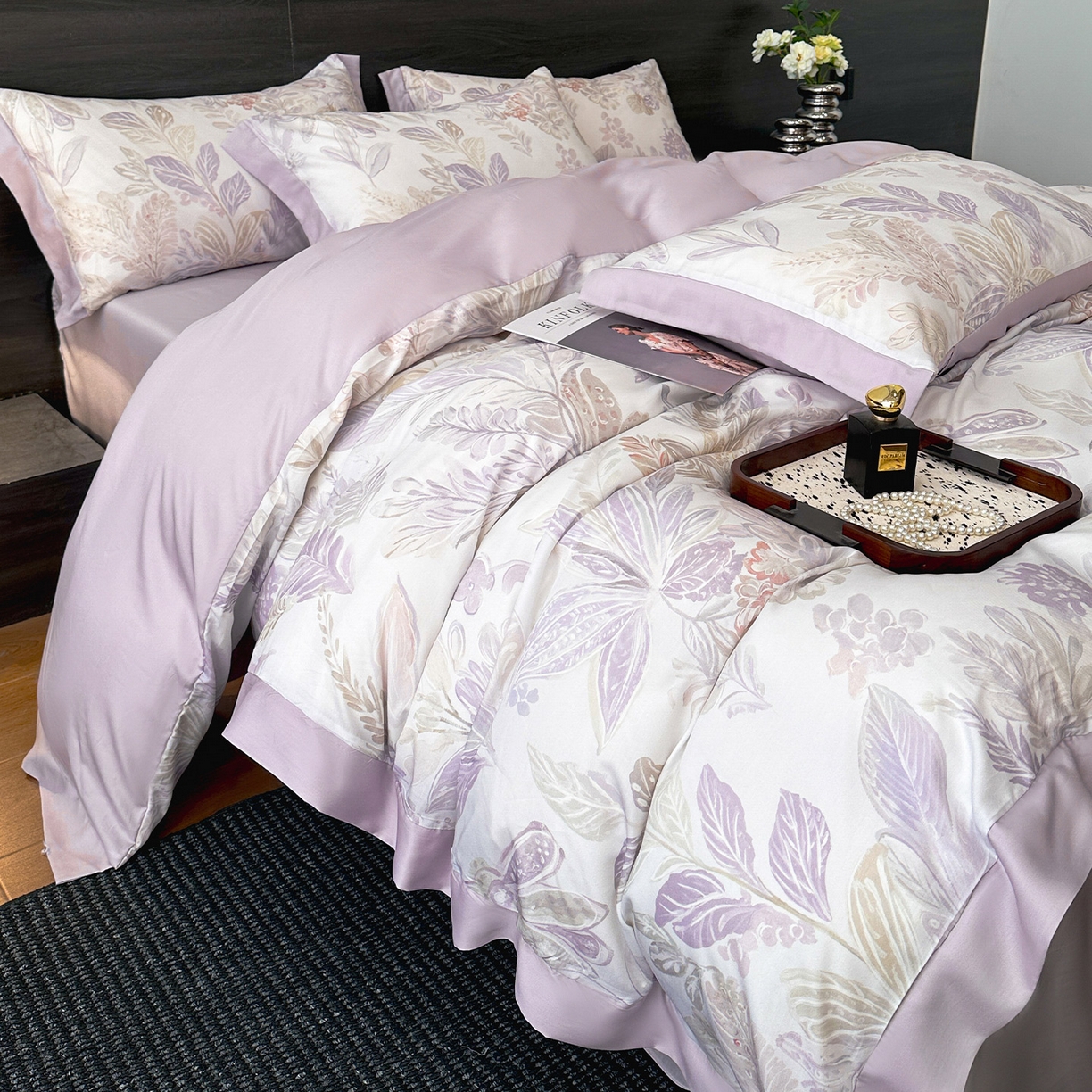 91家纺网 家纺一手货源 找家纺 迷尚家居 2026新款100%莱赛尔数码印花四件套 花朝拾露紫-被套款