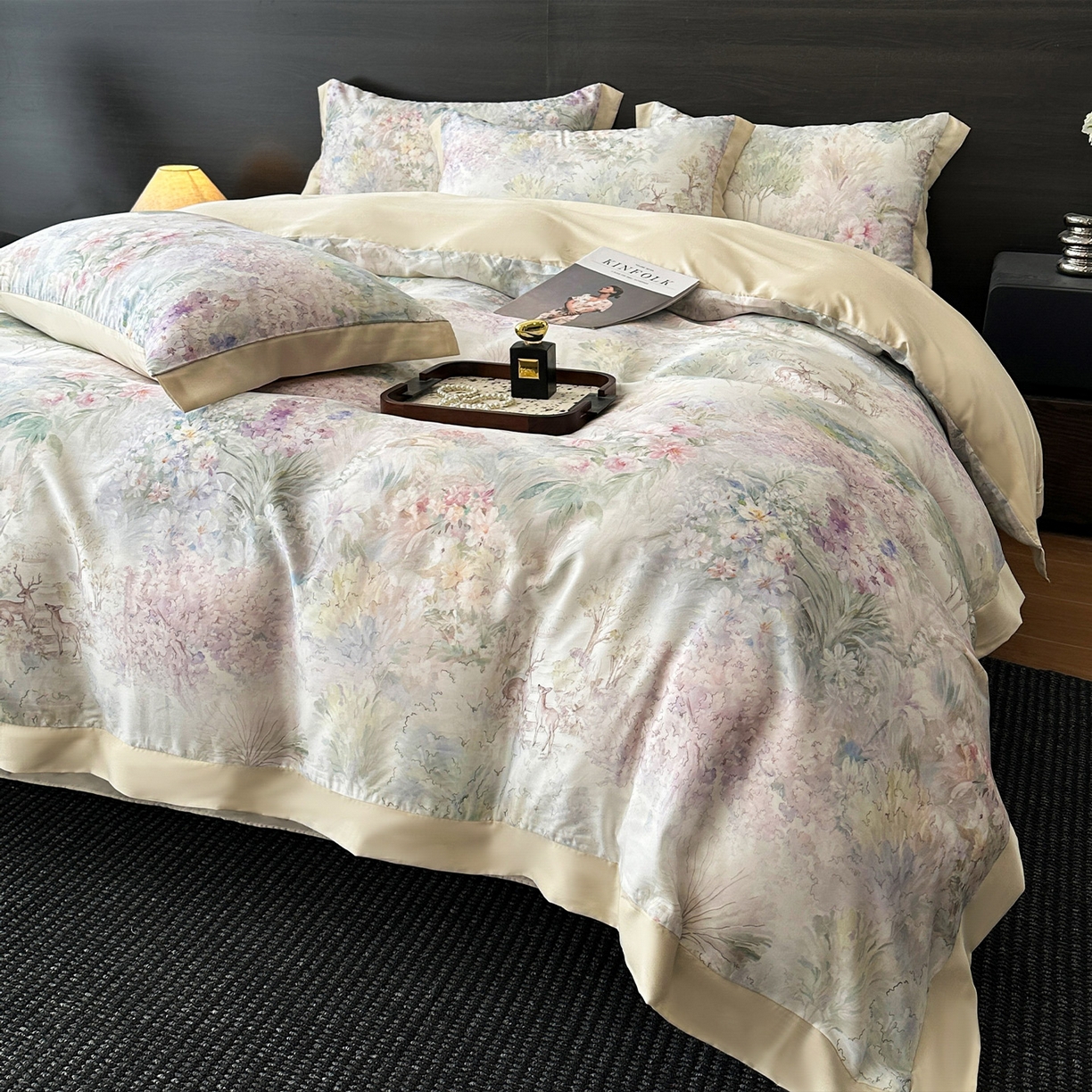 91家纺网 家纺一手货源 找家纺 迷尚家居 2026新款100%莱赛尔数码印花四件套 林间鹿语-被套款