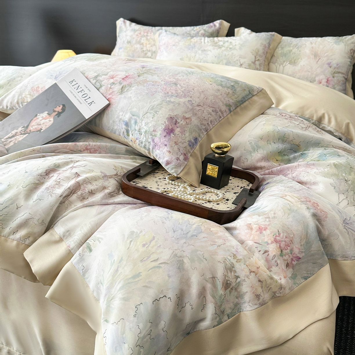 91家纺网 家纺一手货源 找家纺 迷尚家居 2026新款100%莱赛尔数码印花四件套 林间鹿语-被套款