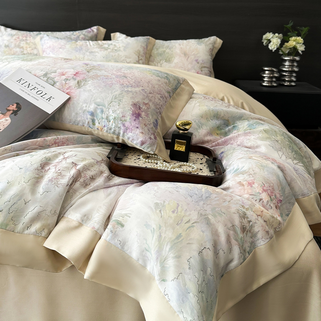 91家纺网 家纺一手货源 找家纺 迷尚家居 2026新款100%莱赛尔数码印花四件套 林间鹿语-被套款