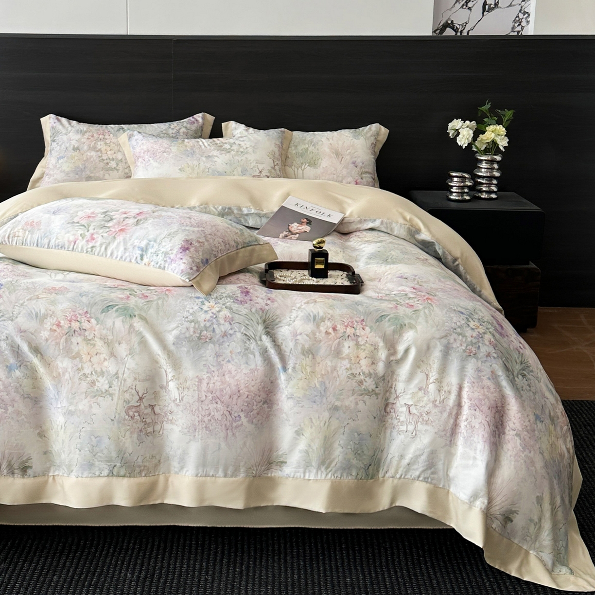 91家纺网 家纺一手货源 找家纺 迷尚家居 2026新款100%莱赛尔数码印花四件套 林间鹿语-被套款