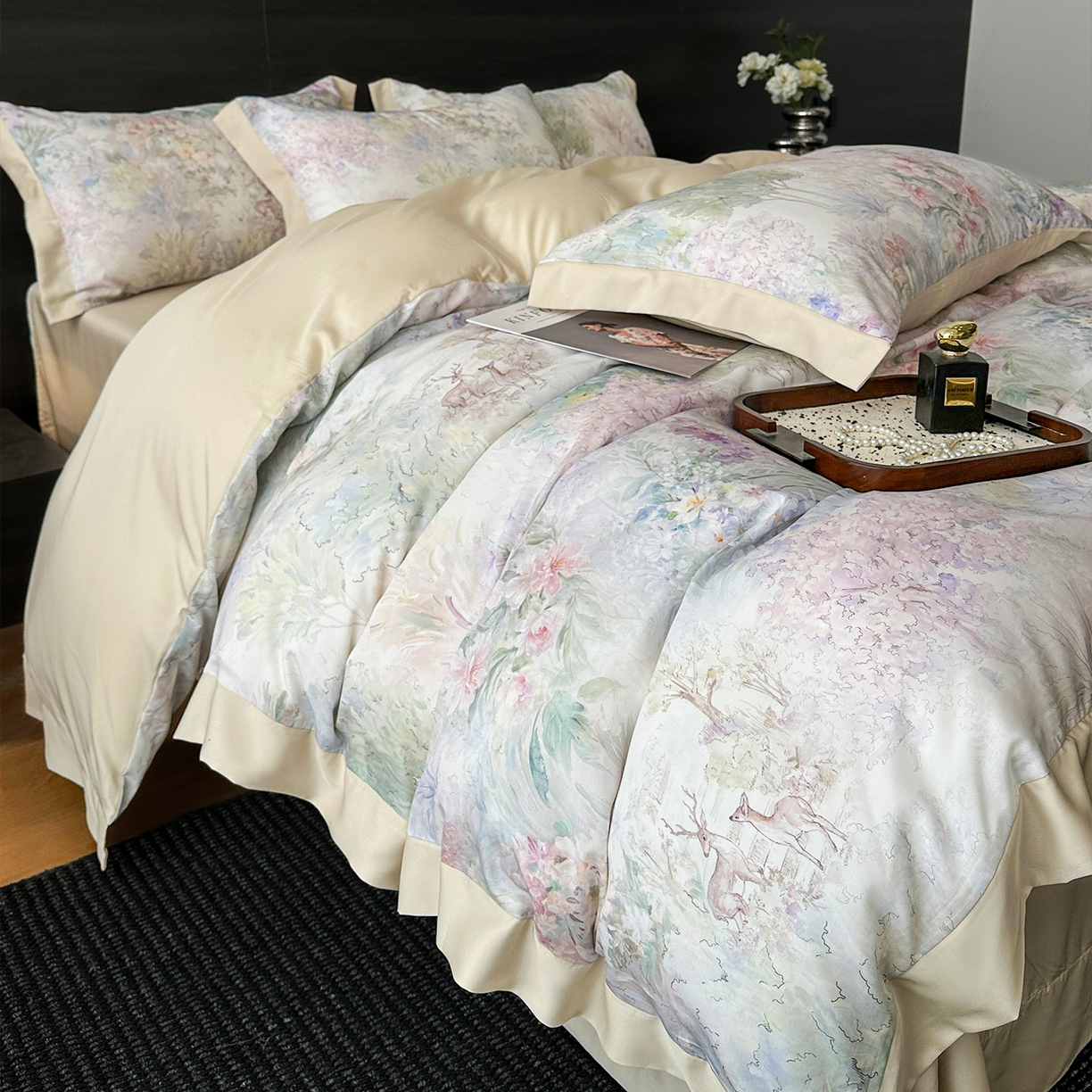 91家纺网 家纺一手货源 找家纺 迷尚家居 2026新款100%莱赛尔数码印花四件套 林间鹿语-被套款